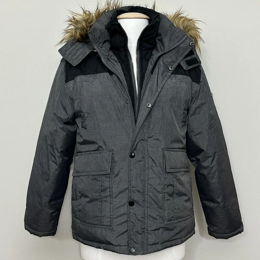 English Laundry Womens Jacket L Charcoal Gray Puffer Hooded Faux Fur Parka READ